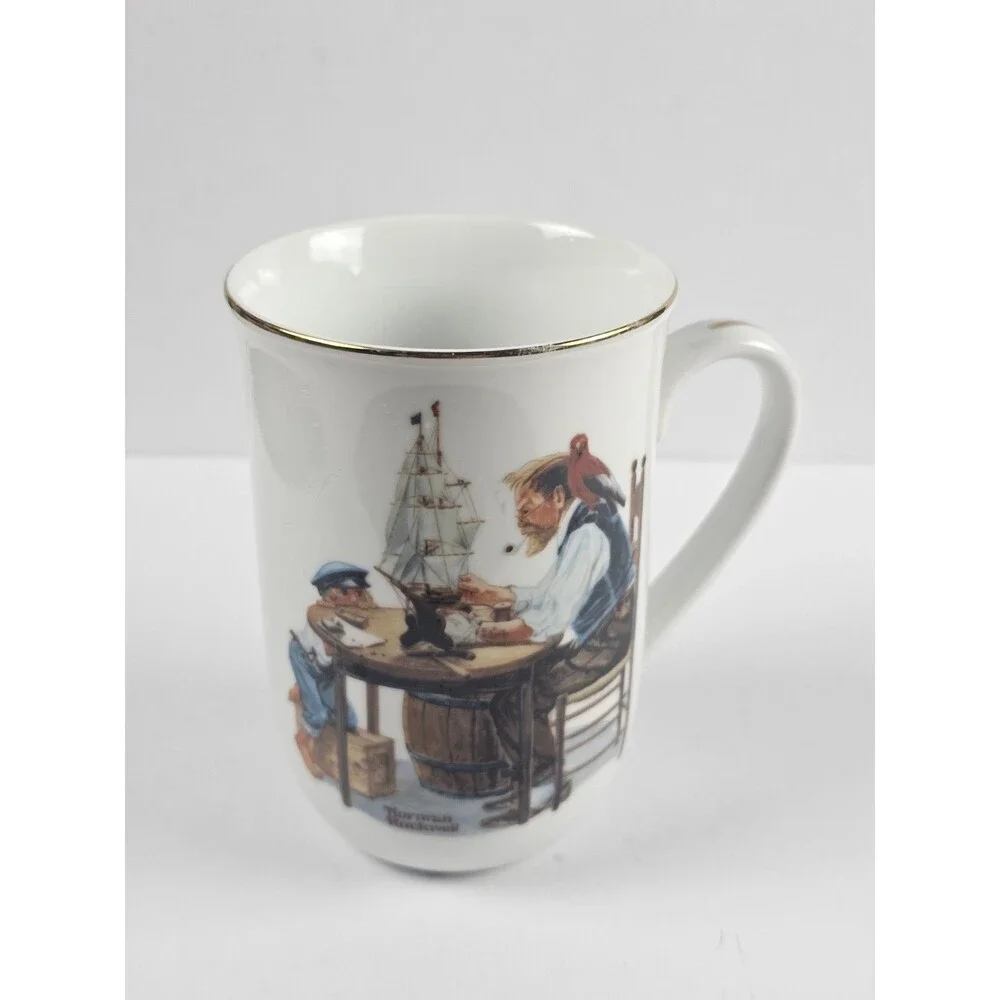 1982 The Good Boy Model Ship Builder Norman Rockwell Museum Coffee Gold Trim Mug